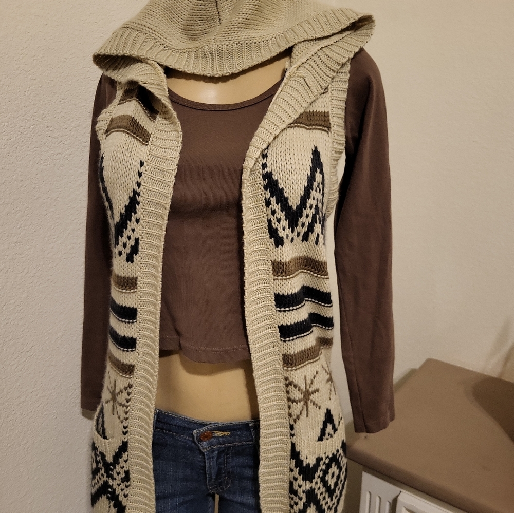 Women’s Cable Knit Hooded Long Open Vest Size Small